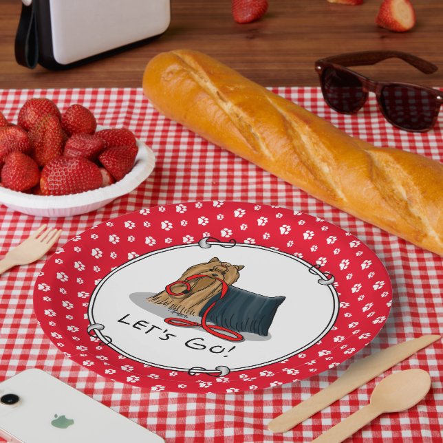 Lass uns gehen! Yorkshire Terrier (Yorkie) Dog w L Pappteller (Picknick)