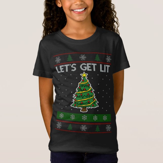 Lass uns Lit Xmas Tree Ugly Weihnachts Sweater Fun T-Shirt (Vorderseite)