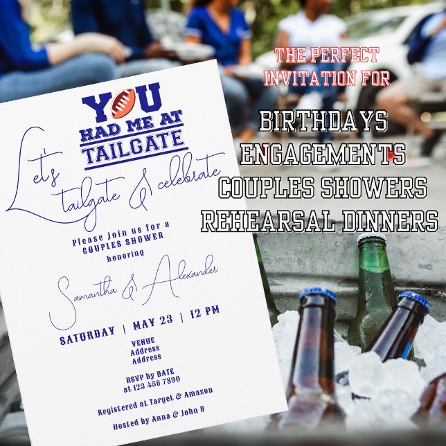 Lass uns Tailgate Celebrate Blue Bridal Couple Sho Einladung (Let's Tailgate Celebrate Navy Blue invite for Bridal or Couple Showers, birthdays, rehearsal dinners)