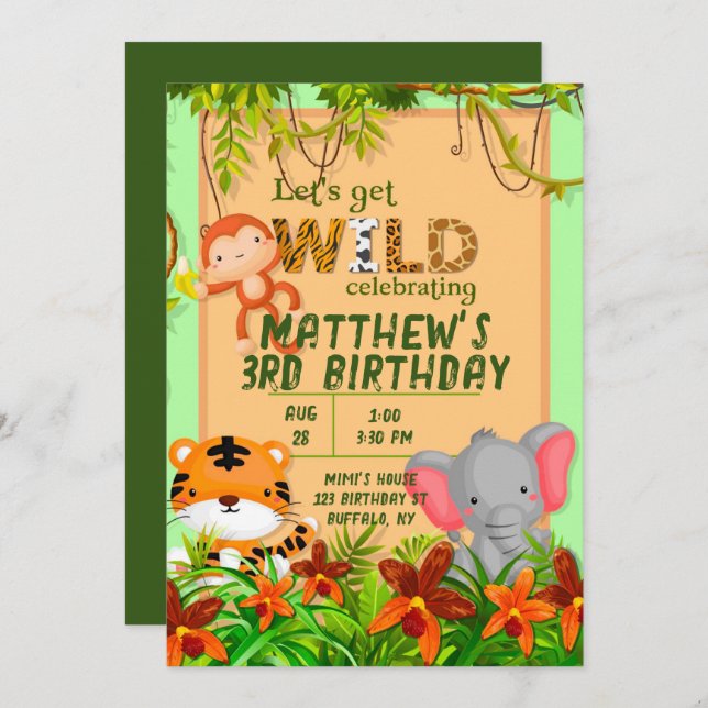 Lass uns Wild Safari Animal Birthday Party Invita  Einladung (Vorne/Hinten)