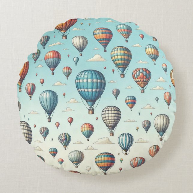 Lasse sie fliegen! Whimsical Hot Air Ballons Rundes Kissen (Vorderseite)