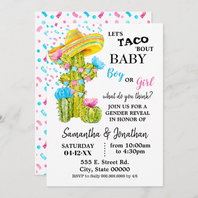 Lasse Taco über Babygeschlecht offenbaren Kakteen Einladung (Vorne/Hinten)