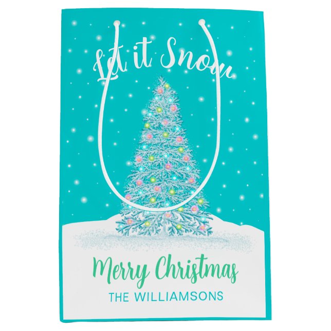 Lassen Sie es Schnee Aquamarin Aqua Weihnachtsbaum Mittlere Geschenktüte (Vorderseite)