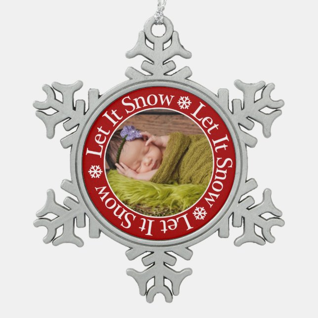 Lassen Sie es Schnee Weihnachten Foto Template Sno Schneeflocken Zinn-Ornament (Vorderseite)