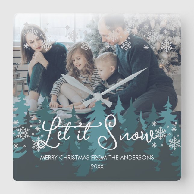 Lassen Sie es schneit | Schneeflocken Pine Tree We Quadratische Wanduhr (Vorderseite)