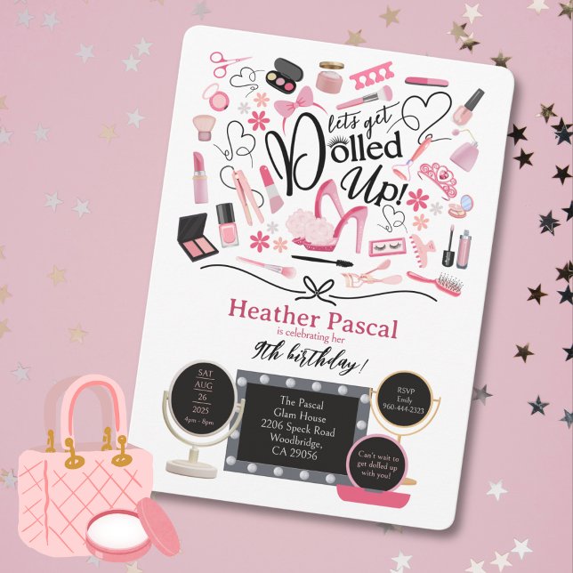 Lassen Sie uns die Einladung zum Geburtstag erduld (Let's Get Dolled Up Birthday Invitation. A perfect invite for a glam, makeup or spa party.)