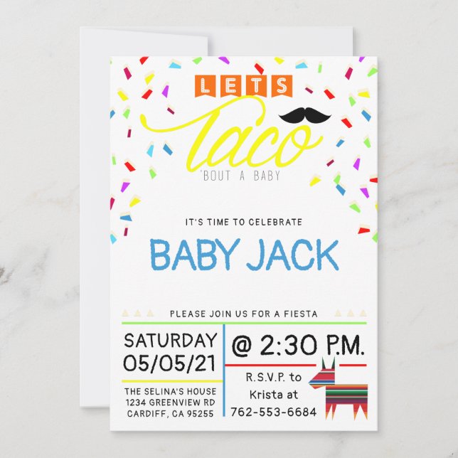 Lassen Sie uns Taco über ein Baby-Thema buntes Tac Einladung (Vorderseite)
