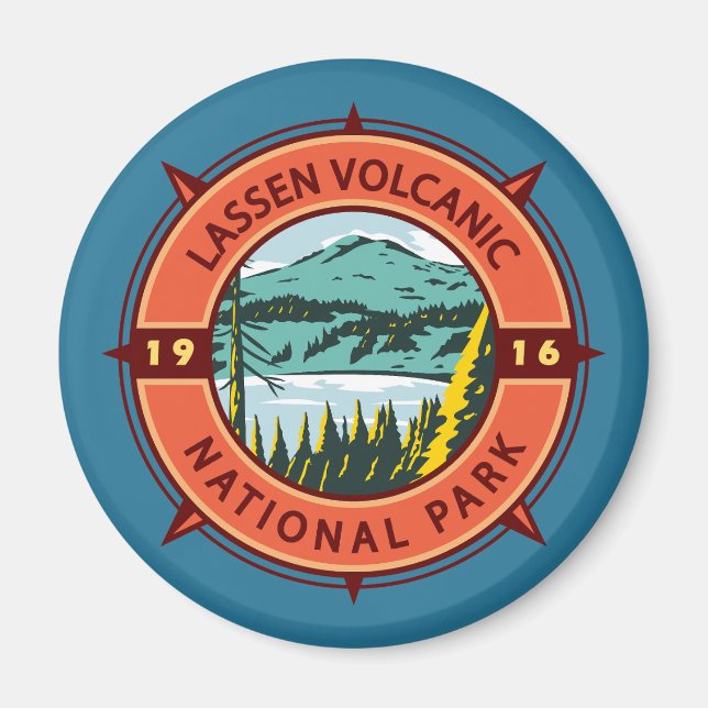 Lassen-Volcanic-Nationalpark Retro-Kompass-Emblem Magnet (Vorne)