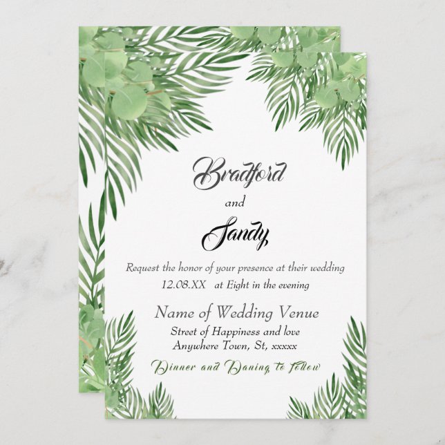 Lässig Beach Wedding Green Eucalyptus Palm Blätter Einladung (Vorne/Hinten)
