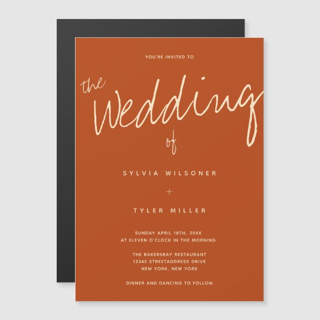 Lässig Burnt Orange Typografy Wedding Magneteinladung (Vorne/Hinten)