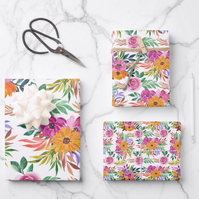 Lässig Elegante Lila Rose Gelbe Blumen Geschenkpapier Set (Vorderseite)