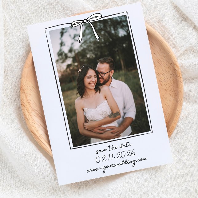Lässig handgezogenes Foto Einfaches Whimsikisches  Save The Date (Announce your big day with our chic bow Save the Date card, with a timeless black and white design.)
