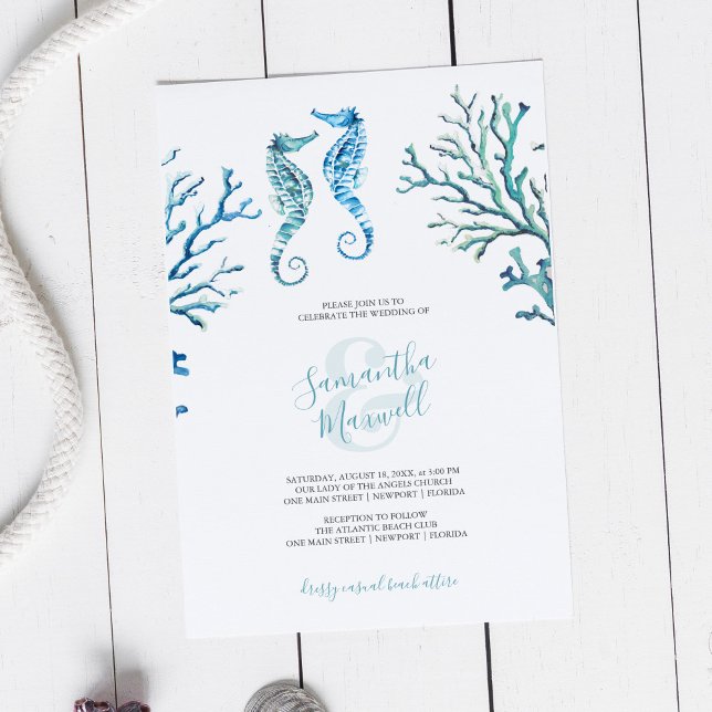 Lässig Türkis Blaues Seepferd Wasserfarbe Einladen (Beach wedding invitation unique seahorse watercolor art by Victoria Grigaliunas)