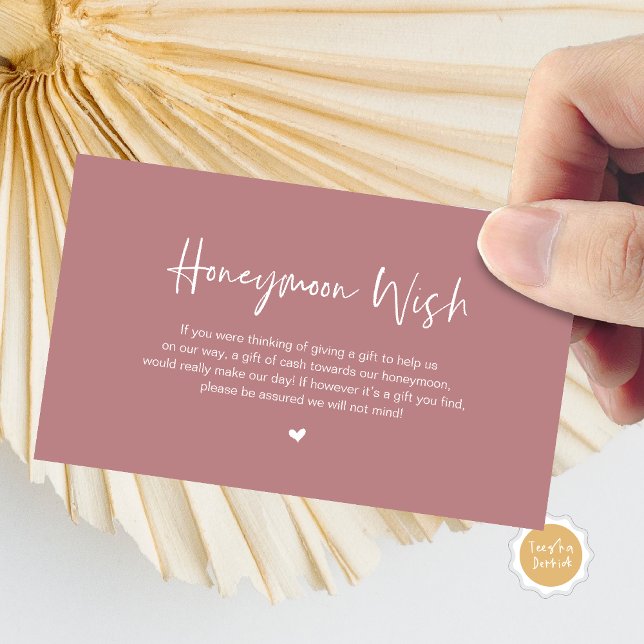 Lässige Elegance Wedding Honeymoon Wish Begleitkarte (Honeymoon Wish Enclosure Card, in Modern minimal, casual elegance script, cash fund, in Dusty rose)