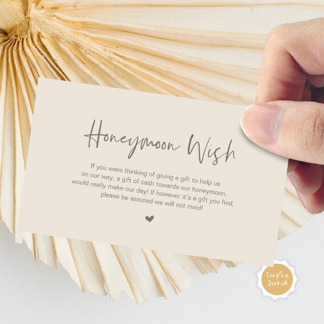 Lässige Elegance Wedding Honeymoon Wish Begleitkarte (Honeymoon Wish Enclosure Card, in Modern minimal, casual elegance script, cash fund, in Grey Cream)