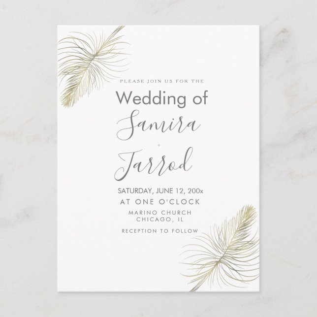Lässige Feather Gold Minimal Hochzeit Postkarte (Vorderseite)