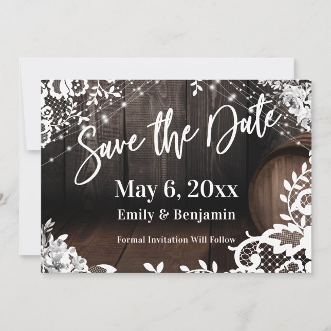 Lässige Handschrift Lights Lace & White Blume Save The Date (Vorderseite)