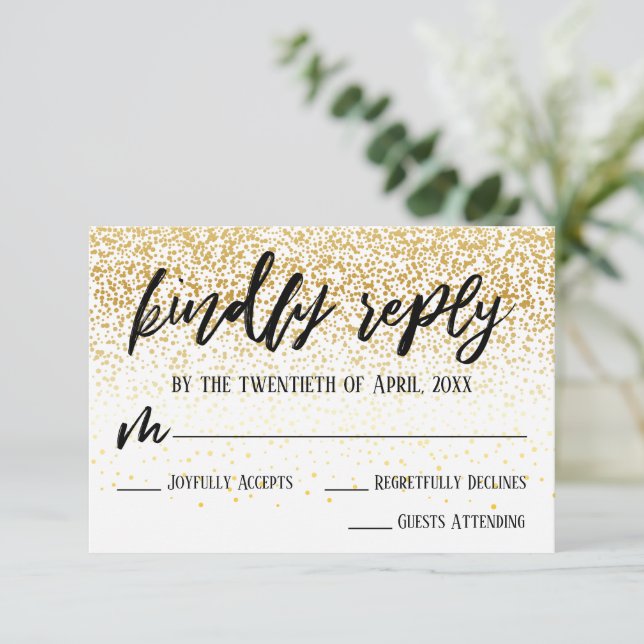 Lässige Handschrift mit Imitate Gold Confetti Wedd RSVP Karte (Stehend Vorderseite)