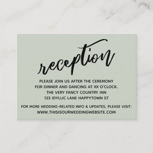 Lässige Handschrift Seite Grüne Hochzeit Empfang Begleitkarte (Vorderseite)
