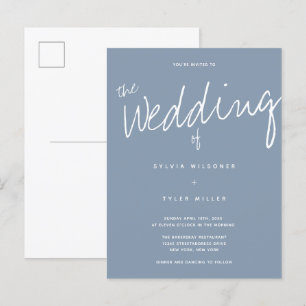 Lässige Hochzeit der modernen, blauen Typografie Einladungspostkarte