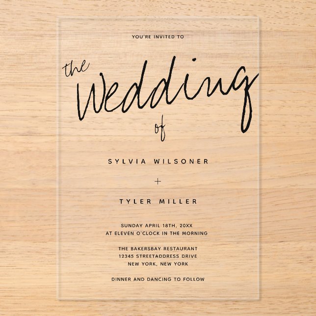 Lässige Hochzeit moderner Typografie Acryleinladungen (Vorderseite)