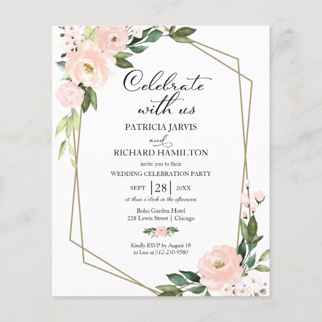 Lässige Hochzeitseinladung in Rosa Blütenflora (Vorderseite)