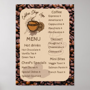 Lässige Kaffeebohnen hinzufügen Menü Kaffeeshop Poster