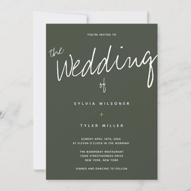 Lässige moderne dunkle Sage Typografy Wedding Einladung (Vorderseite)