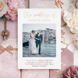 Lässige Schrift und Foto Hochzeit Rose Gold Folieneinladung