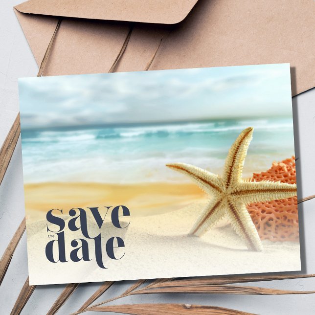 Lässige Strandhochzeit Save the Date Ankündigungspostkarte (Casual Starfish Beach Wedding Save the Date Postcard)