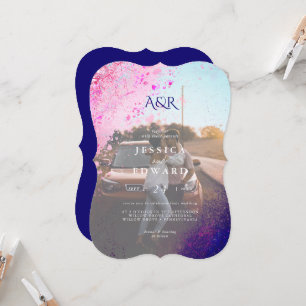 Lässige Whimsical Pink Blue Glitzer Foto Hochzeit Einladung