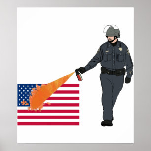 Lässiger Pfeffer-Spray-Polizist mit Flagge in der Poster