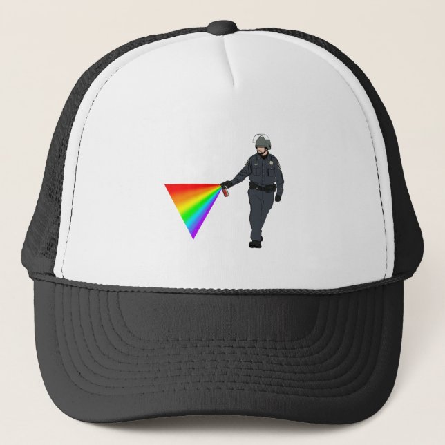 Lässiger Pfeffer-Spray-Polizist-Regenbogen mit Truckerkappe (Vorderseite)