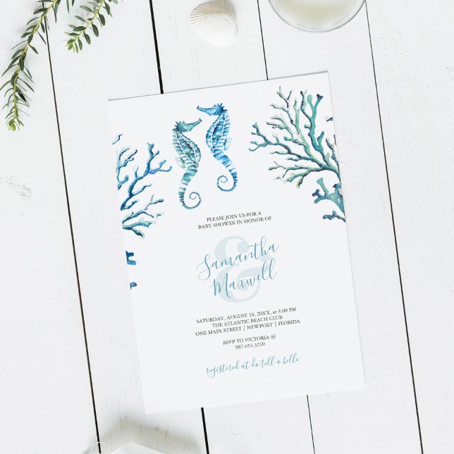 Lässiges blaues Seepferd Wasserfarben Kinderdusche (Baby shower invitation seahorse watercolor art by Victoria Grigaliunas)