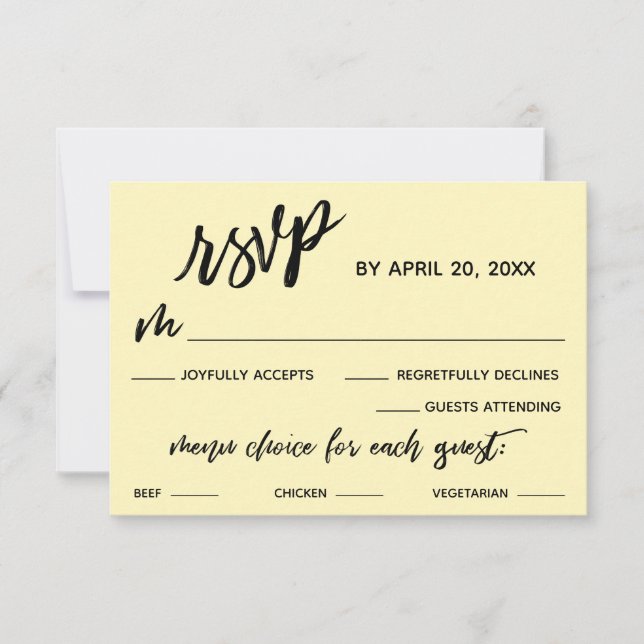Lässiges Handschriftenmenü Wahl für hellgelben UAW RSVP Karte (Vorderseite)