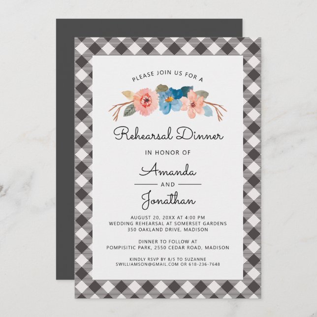 Lässiges Hochzeitsessen mit floraler Probe Einladung (Vorne/Hinten)