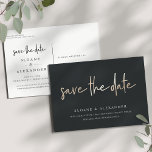 Lässiges Sketch Gold | Moderne Hochzeit Das Datum  Ankündigungspostkarte<br><div class="desc">Eine moderne, Save the Date Postkarte mit "Save the Date" in Imitaten, handgeschriebene Goldfolie auf einem weichen schwarzen Hintergrund. Personalisieren Sie mit Ihren Namen, Hochzeitsdatum und Hochzeitsort unten in weißer Schrift. Postkarten werden zurückgesetzt, um zusätzliche Save the Date Details, einschließlich Ihrer Hochzeitswebsite, mit Ihrer Rücksendeadresse und Platz für die Empfänger-Adressierung...</div>