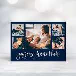 Lässiges Skript Multi Foto Grid | Joyous Hanukkah<br><div class="desc">Diese einfache,  klassische Silber-Folie Familienjubiläum-Grußkarte mit moderner,  lässiger Schrift-Typografie,  die "Joyous Hanukkah" auf dunkelmarineblau Hintergrund sagt,  mit einem Multi-Foto-Gitter von fünf Fotos vorne und einem weiteren auf der Rückseite.</div>