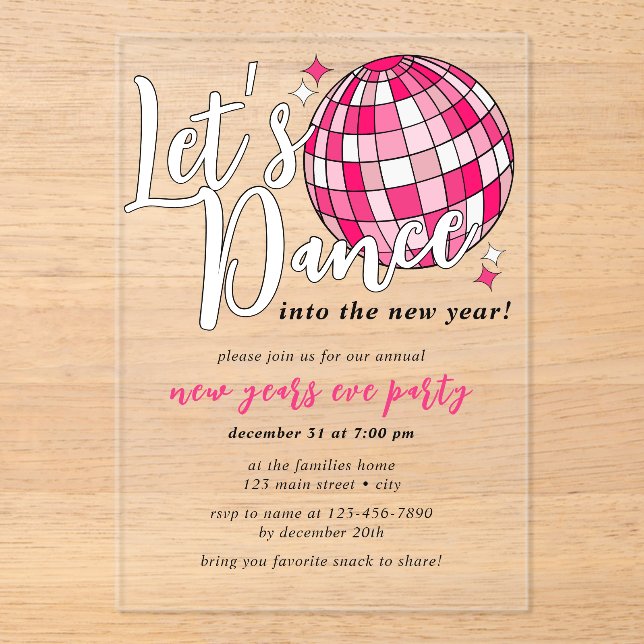 Lass's Dance New Years Pink Disco Ball Retro Acryleinladungen (Vorderseite)