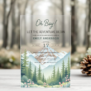 Lasst das Abenteuer beginnen Wald Baby Shower Acryleinladungen