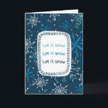 "Lasst es schneien" Blaue Schneeflocke Nicht-Foto Feiertagskarte<br><div class="desc">Versenden Sie Winterfreude mit der Weihnachtskarte "Let it Snow", die vor einem dunkelblauen Hintergrund mit zarten weißen und aquafarbenen Schneeflocken geschmückt ist. Das mittlere Design zeigt den Satz "Let it snow, let it snow, let it snow" in sanften Blautönen, umrahmt von einer texturierten weißen Umrandung. Die Nachricht im Inneren lautet:...</div>