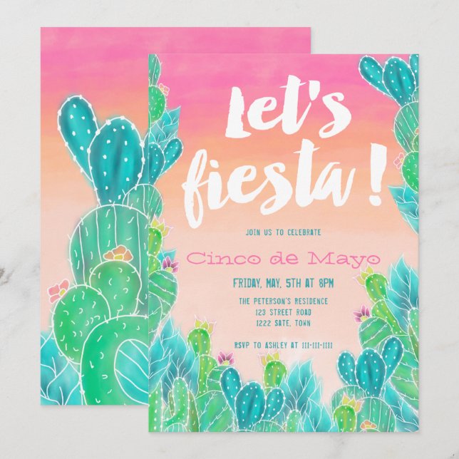 Lässt Fiesta Kaktusmuster Watercolor Cinco De Mayo Einladung (Vorne/Hinten)