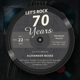 Lasst uns 70 Jahre Vintage Musiknote rocken LP Geb Einladung
