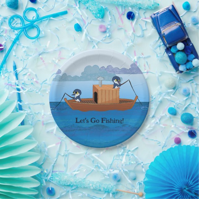 Lasst uns angeln gehen - niedliche Pinguin-Cartoon Pappteller (Party)