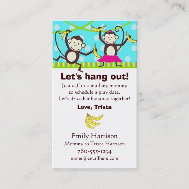 Lasst uns ausgehen, Monkey Play Date Cards Telefonnummerkarte (Vorderseite)