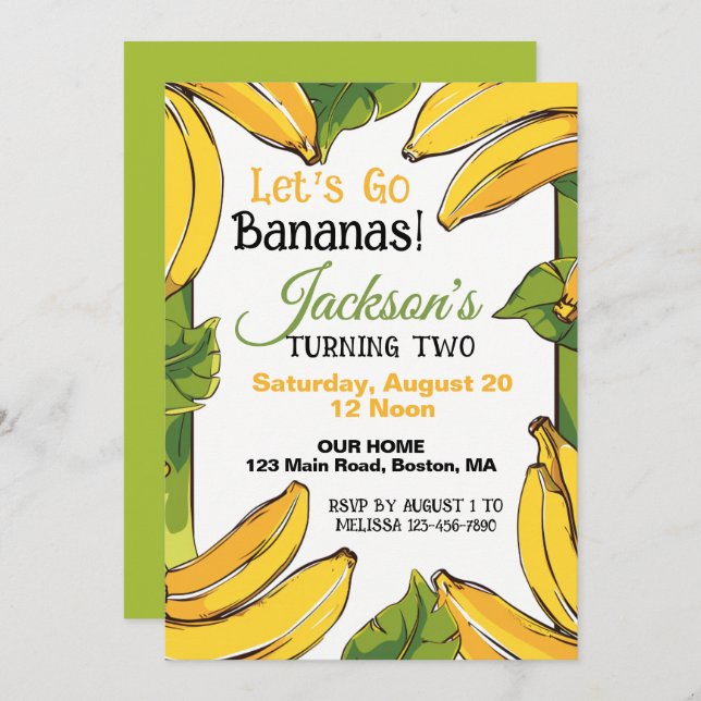 Lasst uns Bananen gehen, egal, wie alt die Geburts Einladung (Vorne/Hinten)