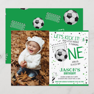 Lasst uns das Green Soccer Foto am 1. Geburtstag a Einladung