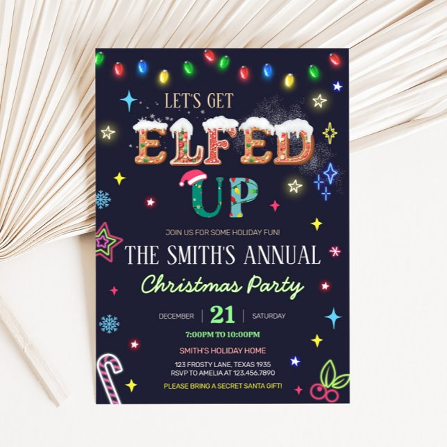 Lasst uns das Weihnachtsfest im Winter ausklingen  Einladung (Let's Get Elfed Up Winter Neon Christmas Party Invitation)
