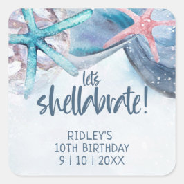 Lasst uns den Starfish Beach zum Geburtstag schelz Quadratischer Aufkleber