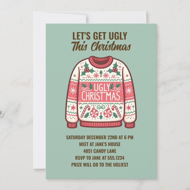 Lasst uns dieses Weihnachts-Tacky-Sweater-Party hä Einladung (Vorderseite)